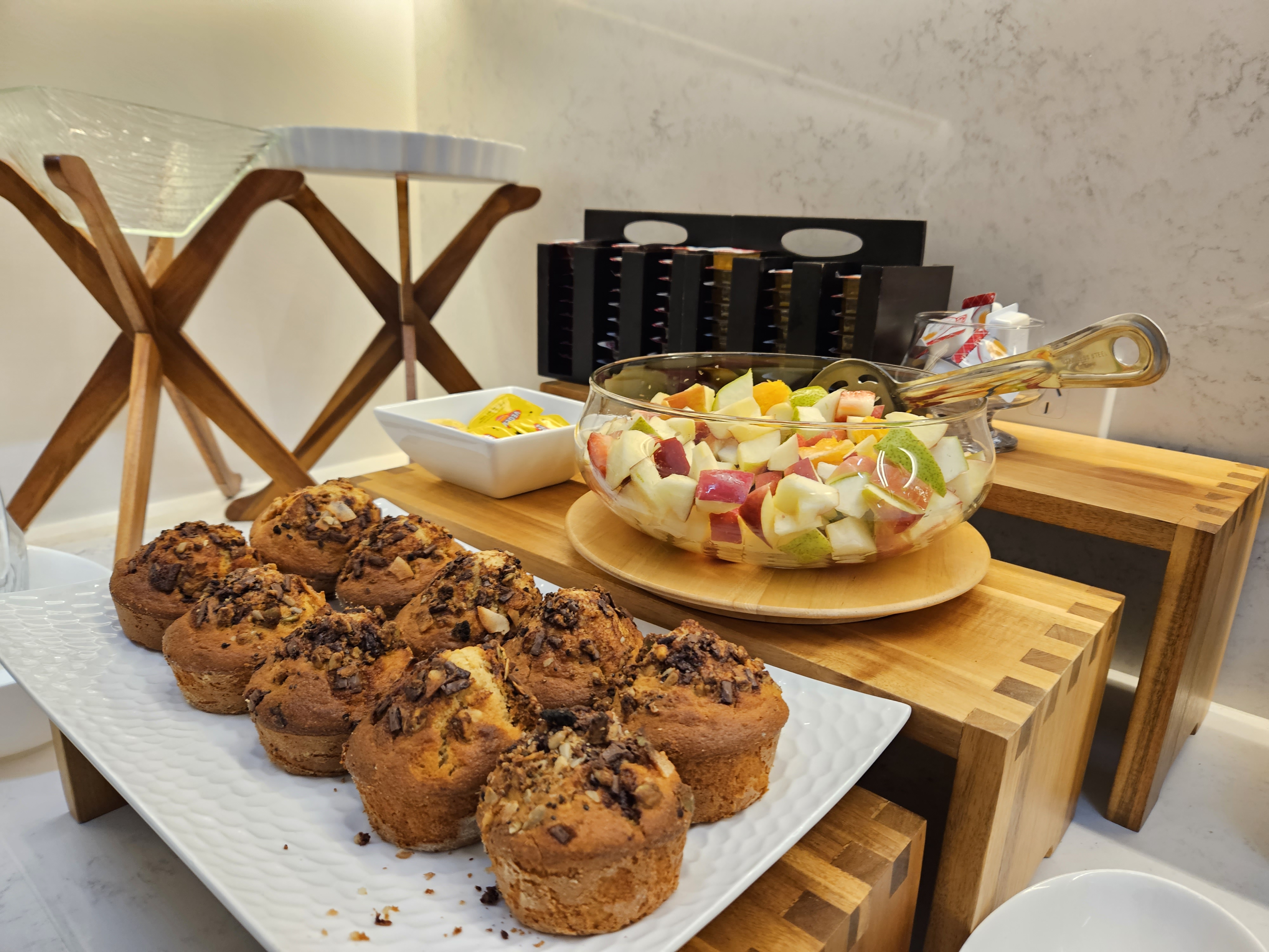 Full breakfast buffet spread with hot and cold items